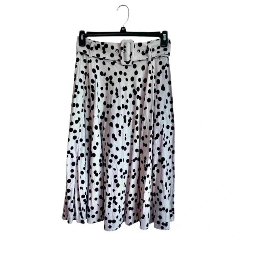 Tahari Belted Elastic Waist Black Beige Polka Dot Linen Blend Midi Skirt Women 8 - Picture 2 of 14